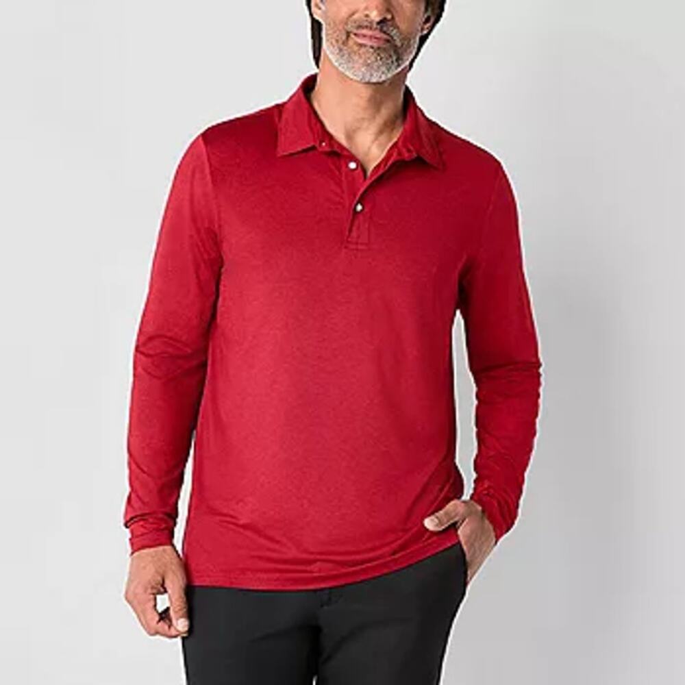 St. Johns Bay Red Polo Shirt Cotton Long Sleeve Rugby Men's Size XLT